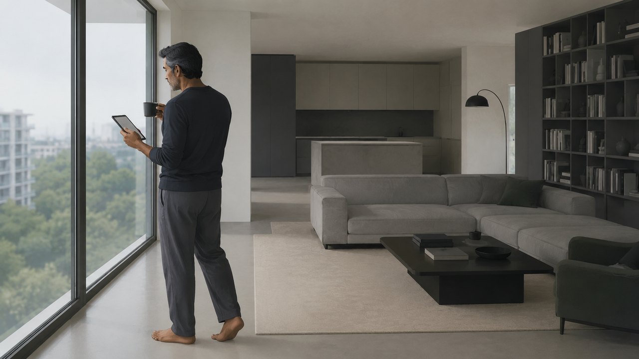 A barefoot man in a dark navy long-sleeved top and grey trousers stands at a floor-to-ceiling window in a spare, grey-toned apartment, holding a tablet in one hand and a dark coffee mug in the other, with treetops and apartment blocks under an overcast sky outside.