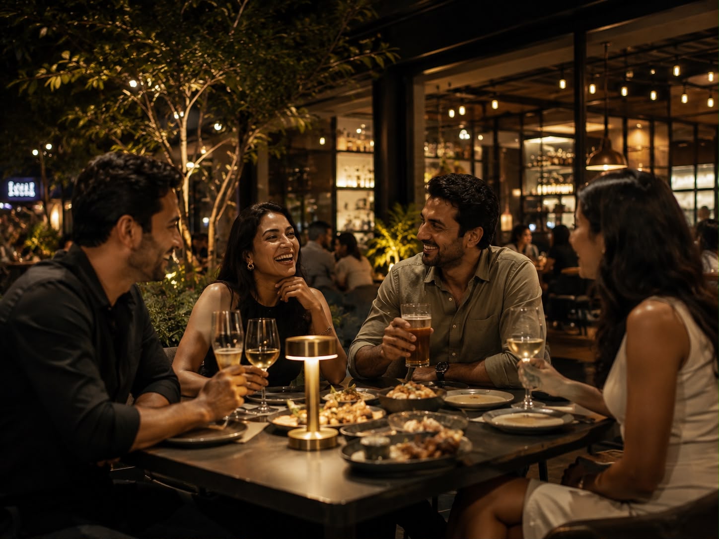 Four young Indian adults sharing beer and wine at an outdoor restaurant table in the evening