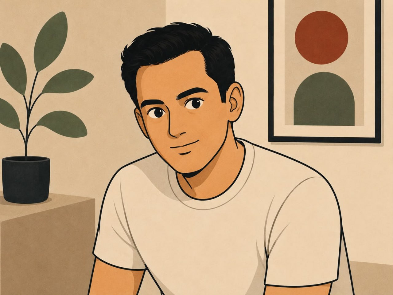 Illustration of a young man with dark hair sitting in a warm beige room with a potted plant and a framed abstract print, his hairline and temples clearly visible
