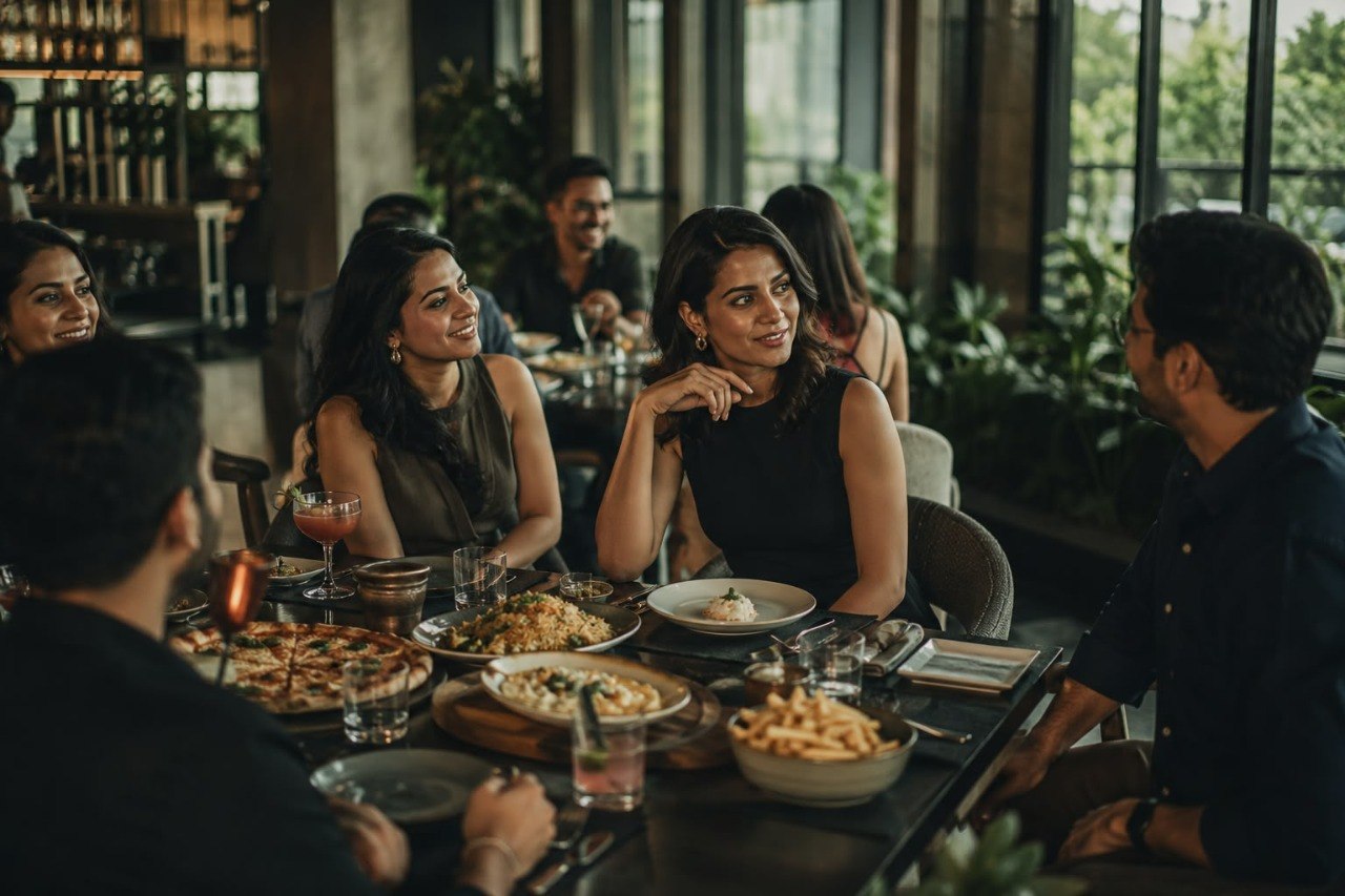 Group of Indian friends at a restaurant table with pizza, fried rice, french fries and cocktails — social-eating scene.