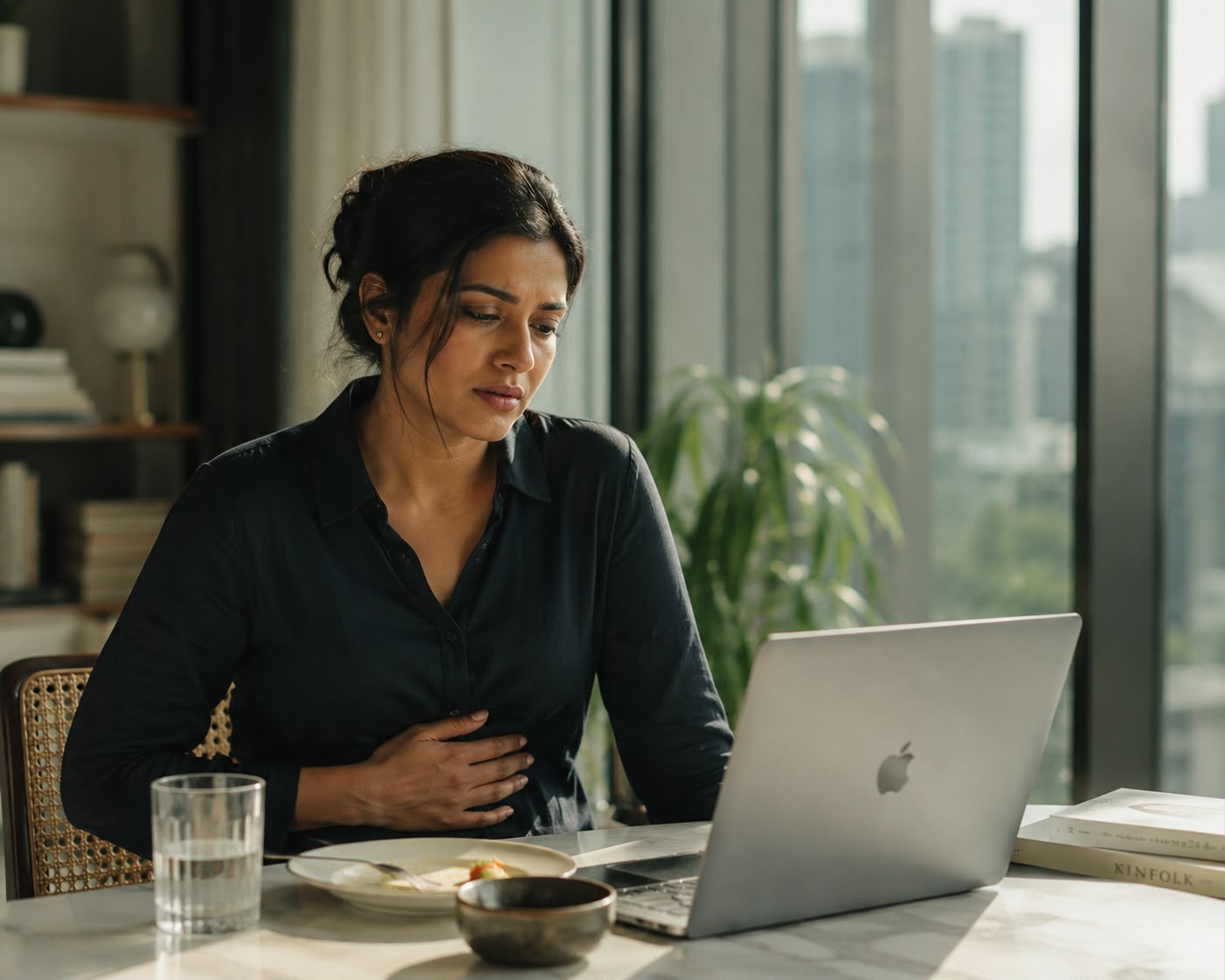 Indian woman experiencing GLP-1 nausea at a dining table with a laptop and partially-eaten meal.