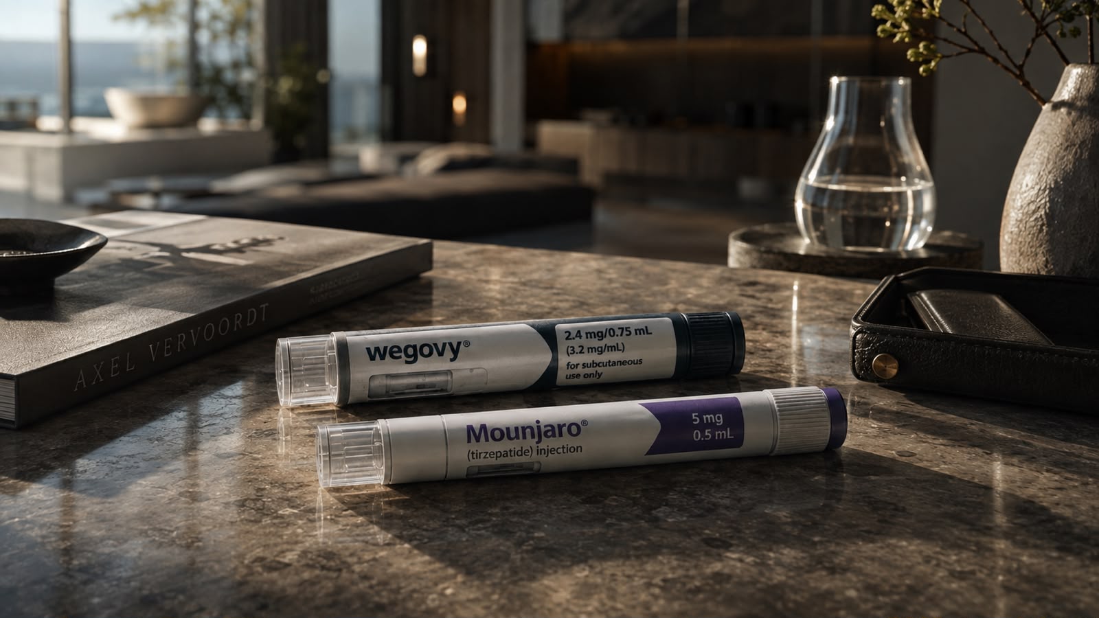 A Wegovy 2.4 mg pre-filled pen and a Mounjaro (tirzepatide) 5 mg pre-filled pen lie side by side on a polished marble surface in warm window light