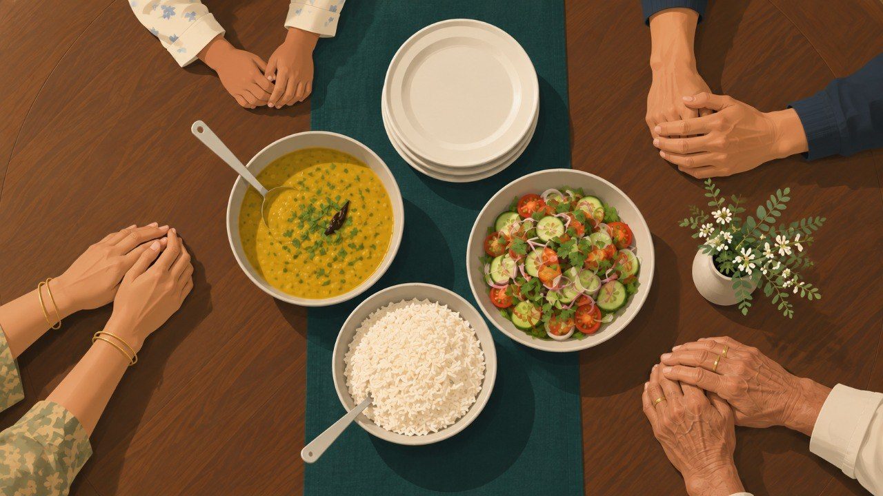 Family dinner table with dal, rice, and fresh salad &mdash; balanced Indian meal for healthy blood sugar