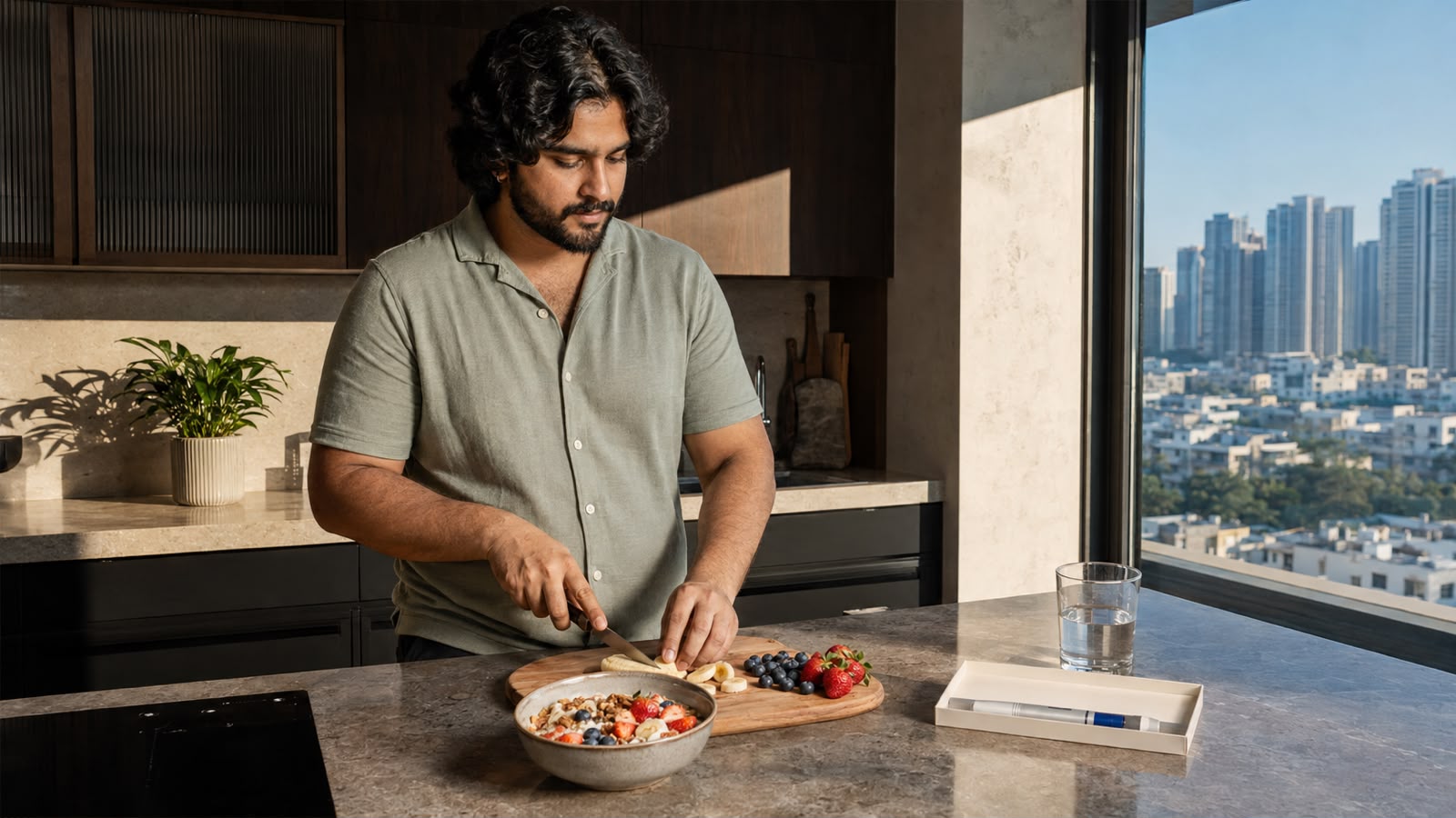 A South Asian man in a bright kitchen prepares a healthy breakfast of a fruit bowl and yogurt, an Ozempic pen with a blue cap in a white box on the counter beside him
