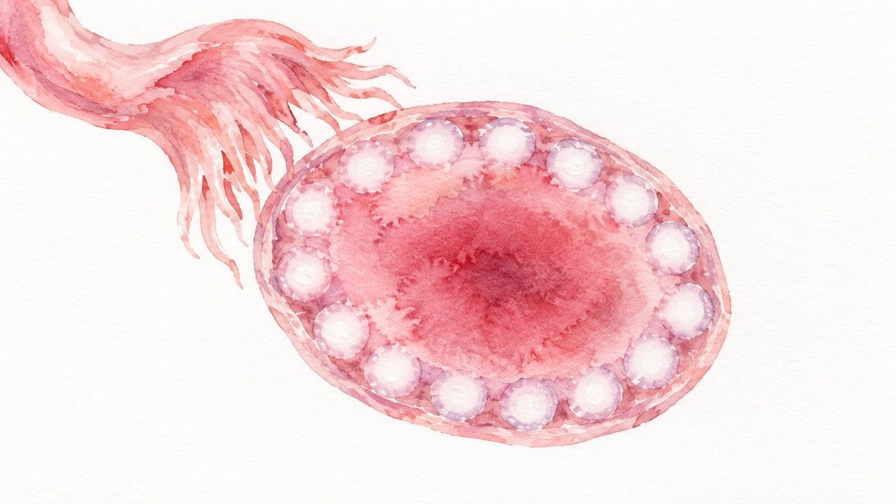 Watercolor illustration of a polycystic ovary with multiple follicles: the ovary is painted in cross-section in soft pinks and reds on cream paper, ringed at its rim by more than a dozen small pale round follicles, with the fringed end of a fallopian tube reaching in from the upper left.
