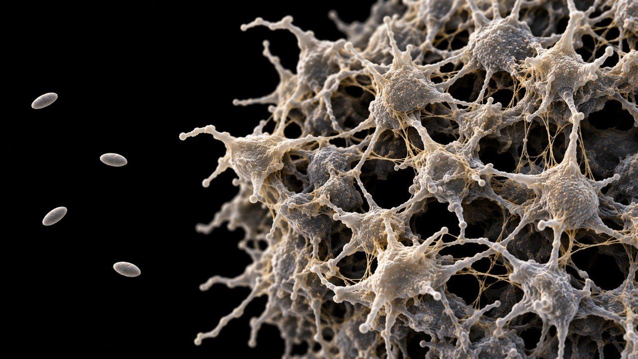 A microscopy-style render on a black background: at right, a dense clump of activated platelets, each a pale spiky body with long thin arms, tangled together in a web of fine fibrin strands; at left, four smooth lens-shaped platelets float free.