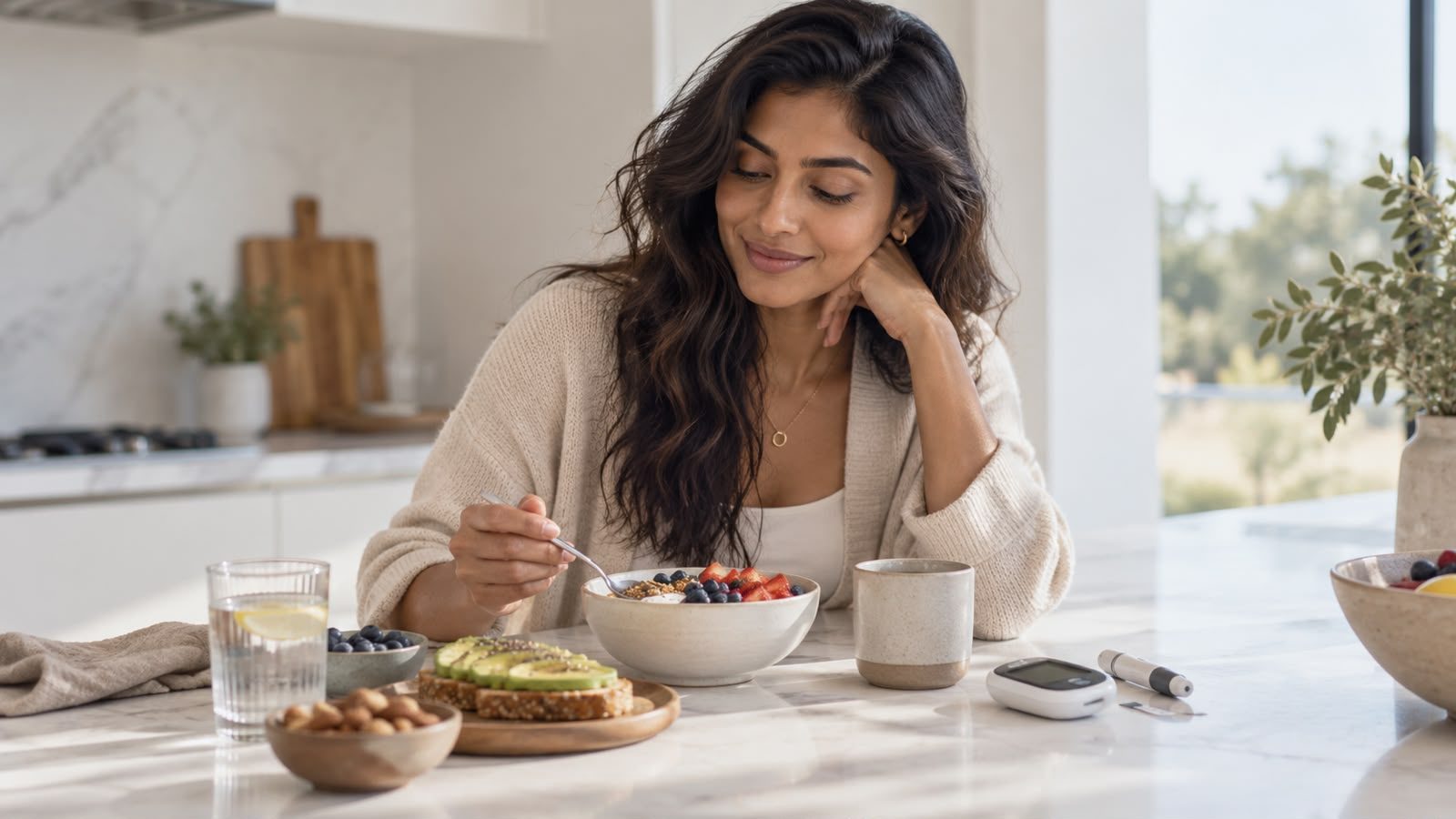 A woman with long dark hair smiles as she eats a bowl of yoghurt topped with berries and seeds at a white marble kitchen counter, beside avocado toast on seeded bread, a bowl of almonds, a glass of lemon water and a blood glucose meter with a lancing pen.