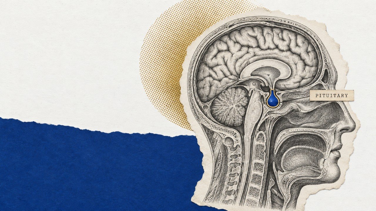 A torn-paper collage: an antique engraving of a head in cross-section on cream paper, the pituitary gland inked deep blue and ringed in gold beside a small typeset tag reading PITUITARY, set over a gold halftone sun and a band of navy paper.