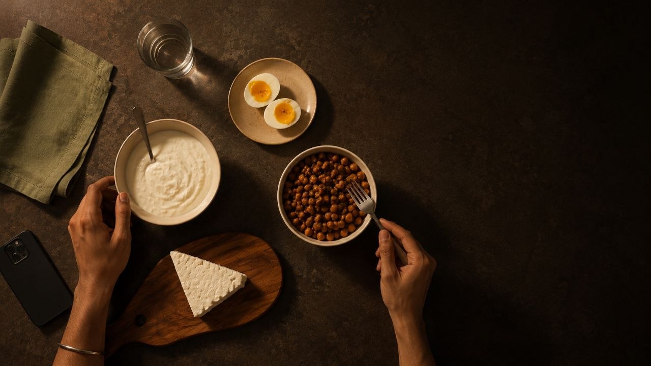 Indian high-protein meal: chickpeas, yogurt, boiled egg and paneer
