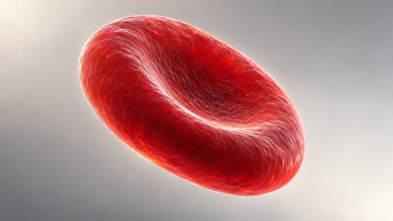 A single red blood cell rendered in three dimensions against a pale grey background: a deep red biconcave disc, thick and rounded at the rim and dipping to a thin, lighter hollow at its centre, with no nucleus.