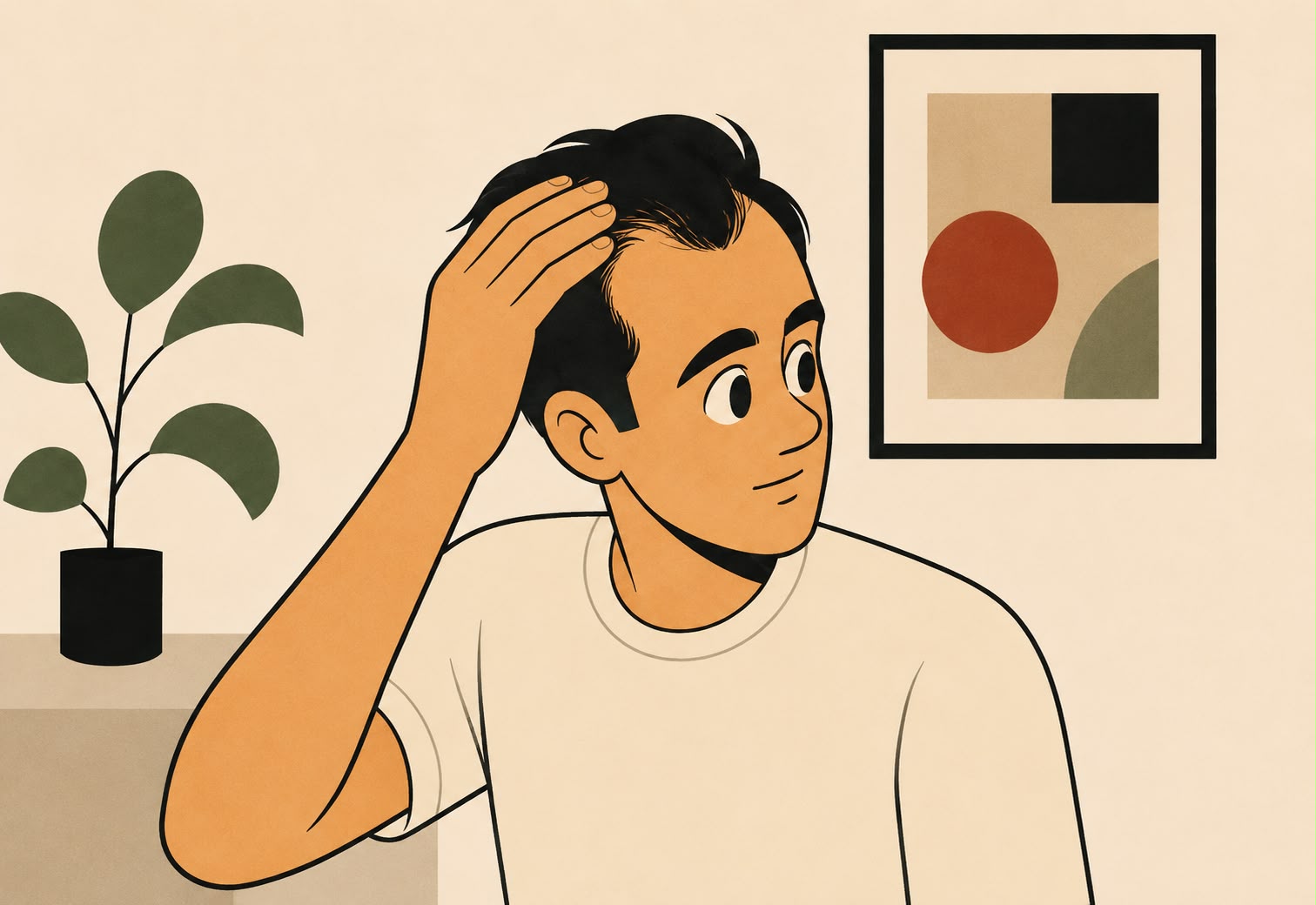 Illustration of a young man pushing his hair back from his temple to reveal a receding hairline, in a room with a potted plant and a framed abstract print