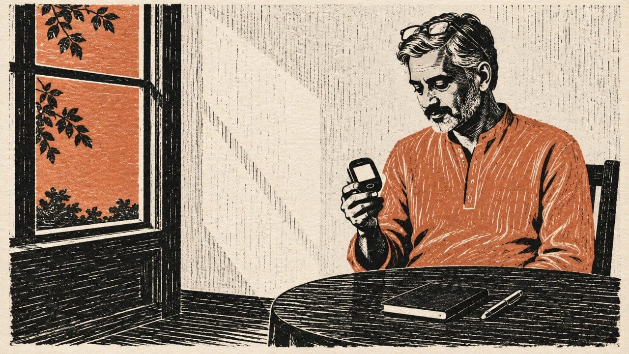 Woodblock illustration of a man in an orange kurta at a table by a window, checking a handheld glucometer with a notebook and pen beside him.