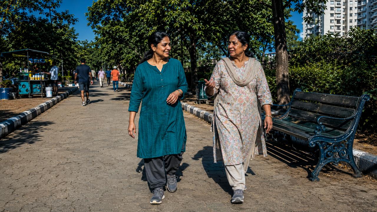 Two older Indian women walking together along a path in an urban park in warm daylight