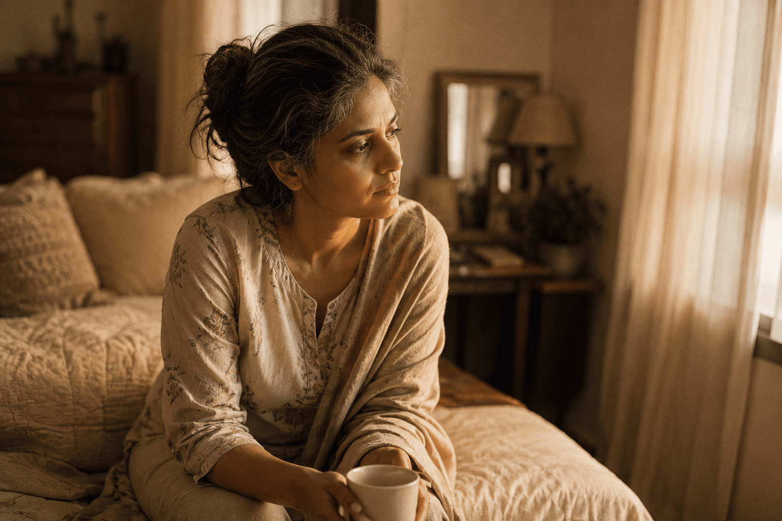 A South Asian woman in her forties sitting on a bed in warm afternoon light, quietly paused with a mug of tea