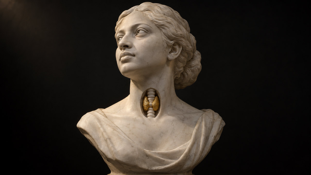 Neoclassical white marble bust of a woman gazing upward, hair gathered in a classical bun and one shoulder draped: an oval window is cut into her throat, revealing the thyroid gland picked out in gold leaf, its two lobes joined across the front of a pale, ribbed windpipe, warmly side-lit against a near-black background.