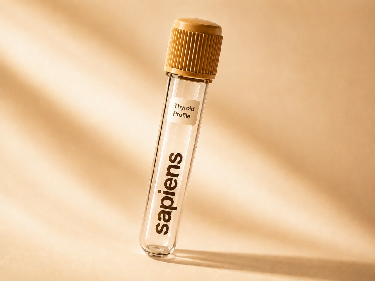 A blood-collection tube with a gold cap, a 'Thyroid Profile' label, and the lowercase sapiens wordmark, on a warm cream background