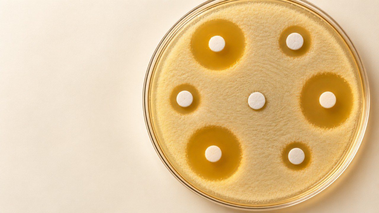 A round culture plate photographed from above on a cream background: a pale yellow bacterial lawn carrying seven small white antibiotic discs, most of them ringed by a clear amber circle where growth has stopped, the rings differing in width from disc to disc, and the disc in the middle of the plate carrying no ring at all.