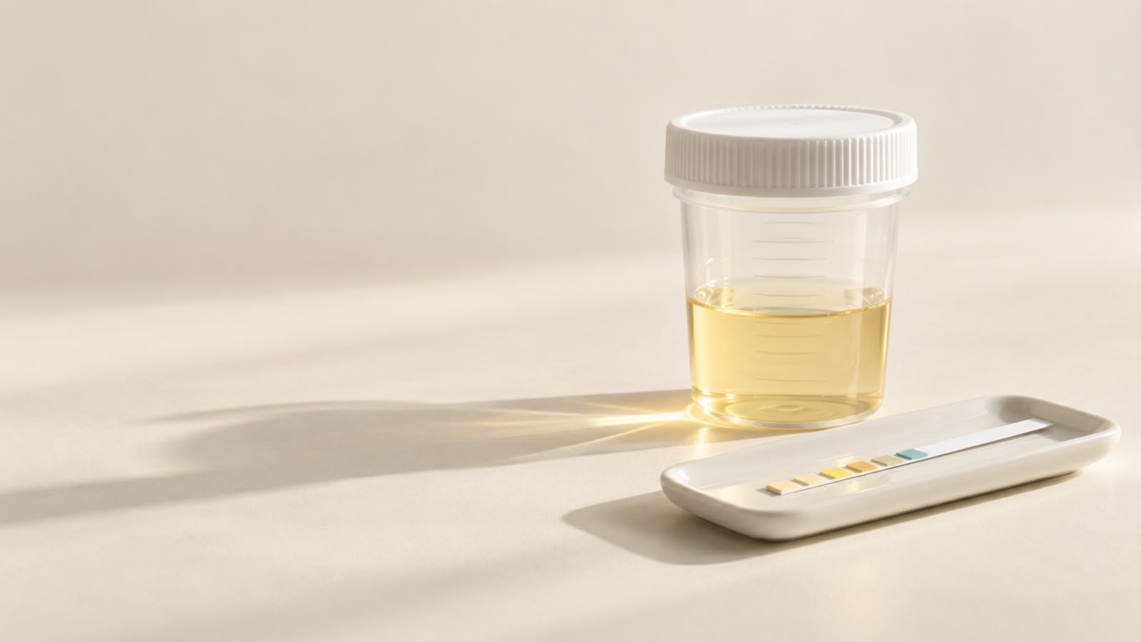 Urine sample container with dipstick on a tray: a clear plastic specimen cup with a white screw cap, half filled with pale straw-yellow urine, stands on a cream surface in bright directional light, beside a white ceramic tray holding a reagent strip whose row of small square pads runs from cream and pale yellow through amber and olive to a single teal pad at the end.