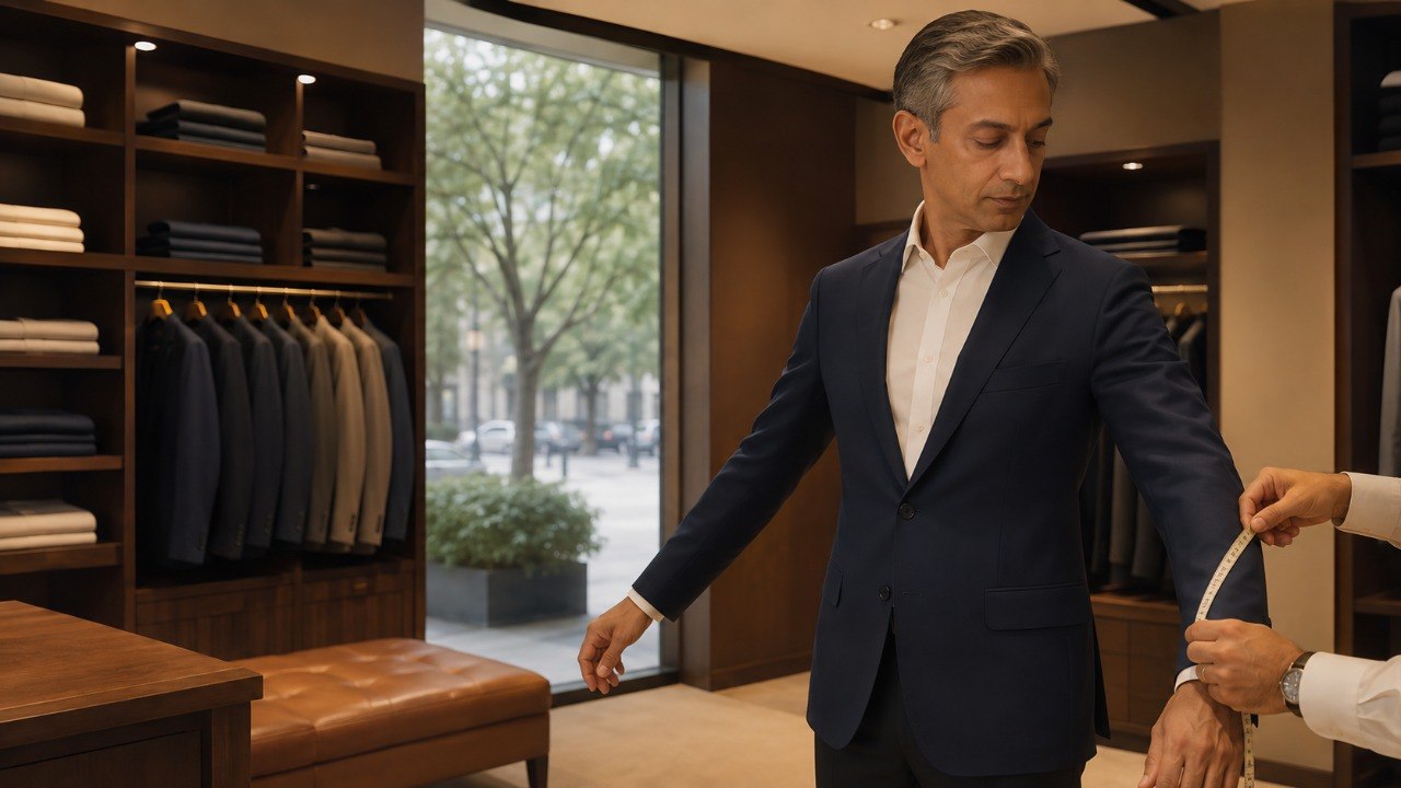 A man in a navy blazer stands in a wood-panelled menswear showroom while a tailor's hands draw a measuring tape along his sleeve; folded shirts and rows of hanging jackets line the shelves behind him and a tree-lined street shows through the window.