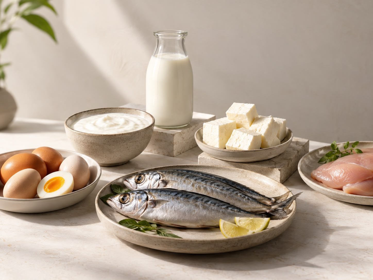 Vitamin B12 foods on a pale stone table in soft daylight: two whole mackerel on a stoneware plate with lemon slices, a glass bottle of milk, a bowl of curd, cubes of paneer, brown eggs with one boiled egg halved, and raw chicken breast.