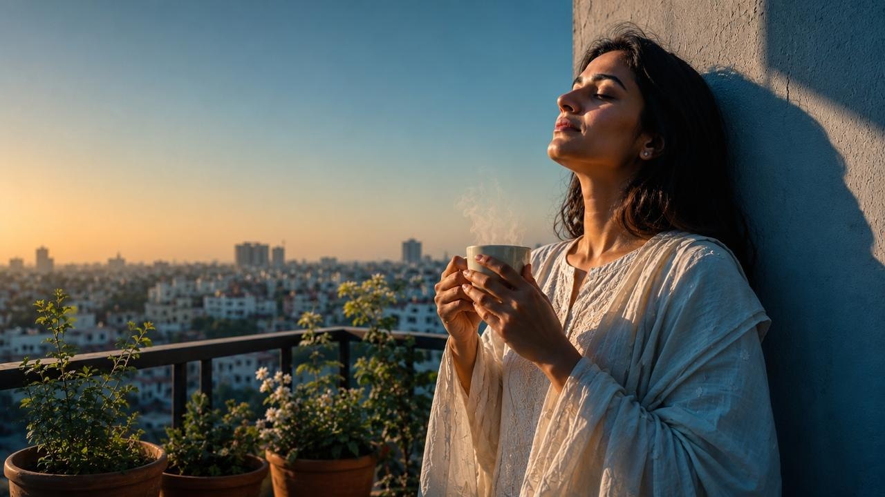 A South Asian woman on a balcony at sunrise, eyes closed and face turned up to the morning sun, holding a warm mug above a hazy city skyline