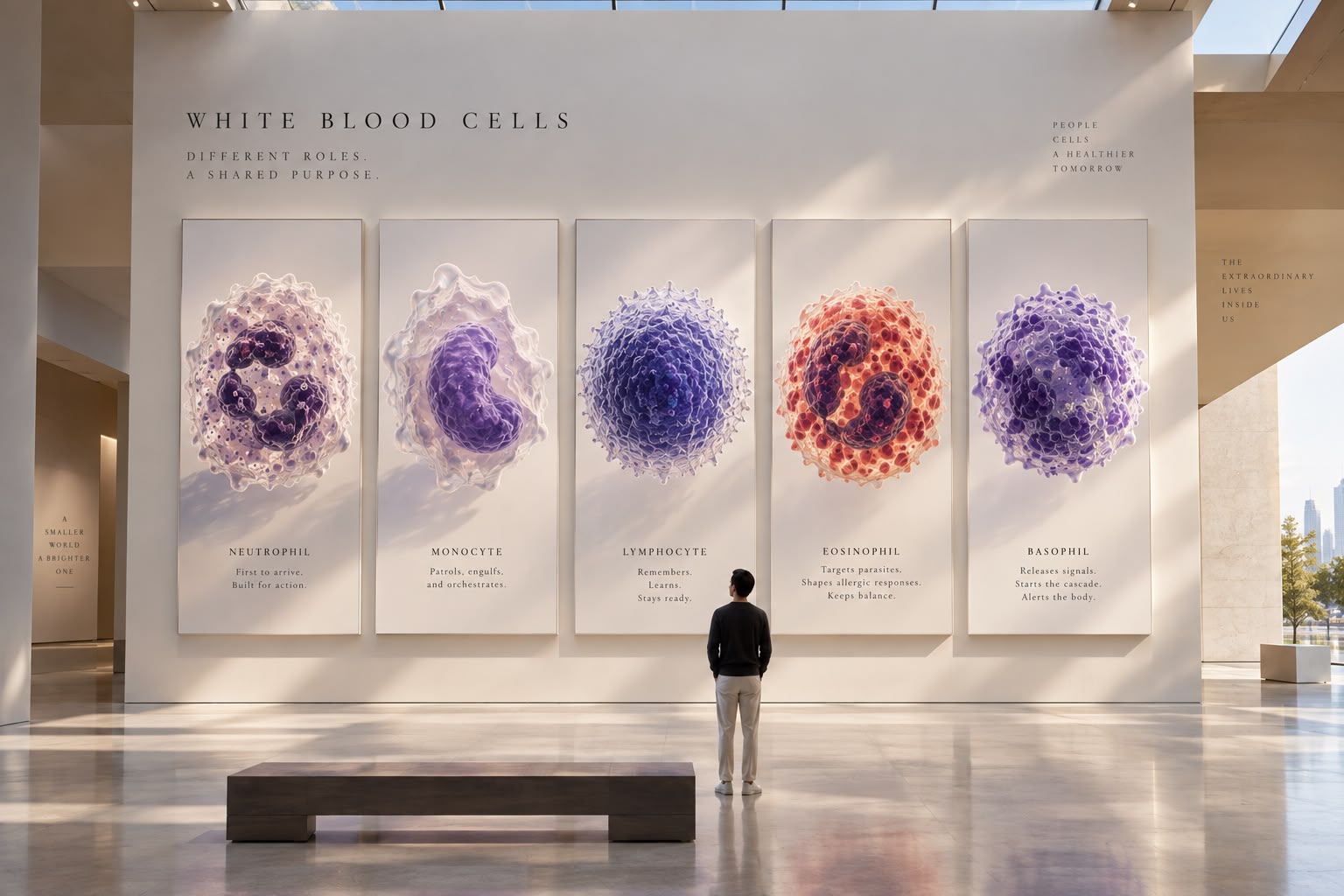 A sunlit gallery wall hung with five tall panels, one for each type of white blood cell: neutrophil, monocyte, lymphocyte, eosinophil and basophil, each rendered as a large three-dimensional cell in violet, blue or coral with its lobed or rounded nucleus visible, captioned with the job it does. A single visitor stands looking up at them.