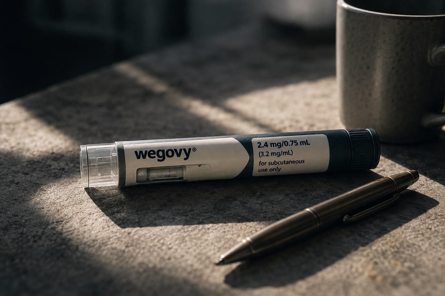 A Wegovy 2.4 mg pre-filled injection pen labelled "for subcutaneous use only" rests on a textured stone surface in low window light, a ceramic mug and a pen beside it