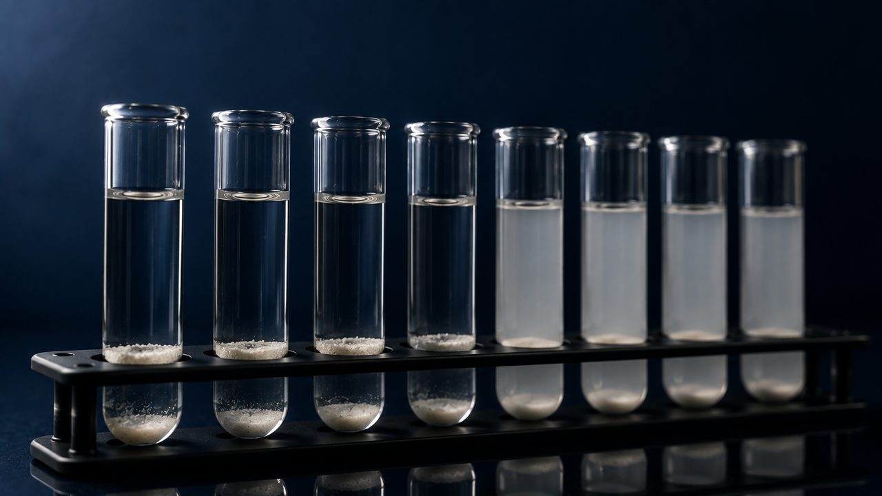 A row of eight glass test tubes in a black rack against a dark navy background: the four on the left hold clear liquid over a settled white deposit, the four on the right are evenly cloudy.