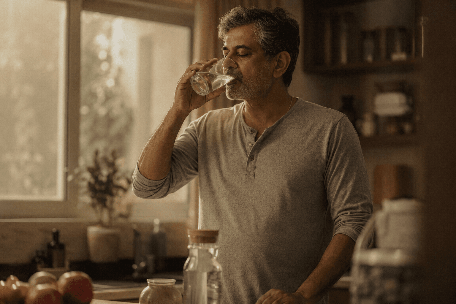 A South Asian man in his early fifties drinking a glass of water in soft morning light in his kitchen