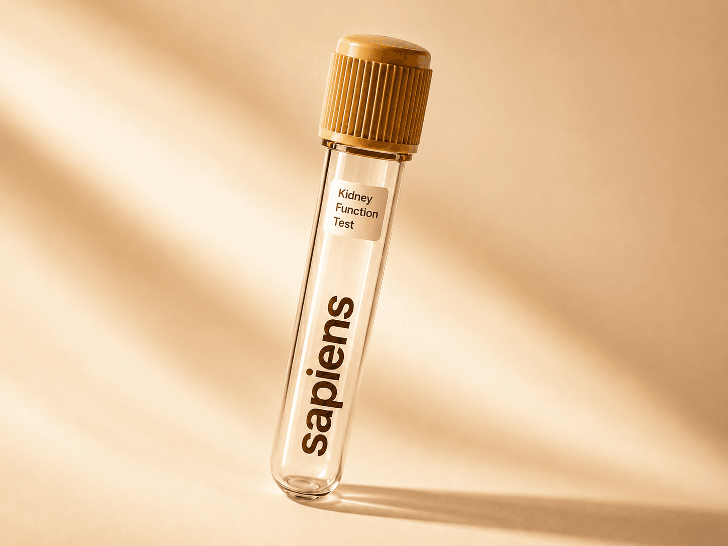 A blood-collection tube with a gold cap, a 'Kidney Function Test' label, and the lowercase sapiens wordmark, on a warm cream background